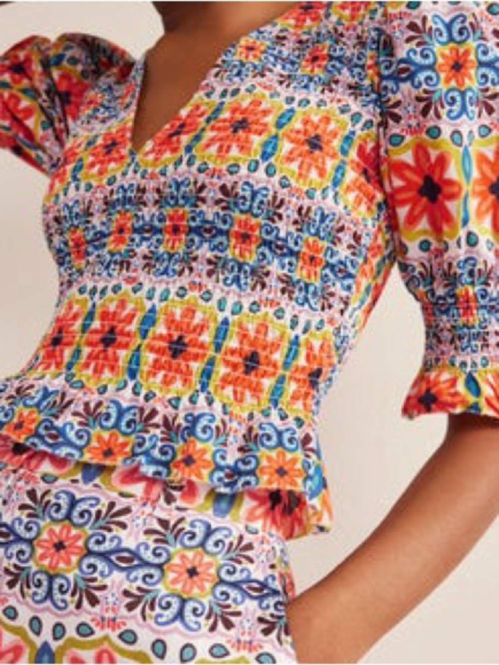 Boden Floral Print Ruched Smocked Puff Elbow Sleeve Blouse White Blue Size 8 - Picture 2 of 7